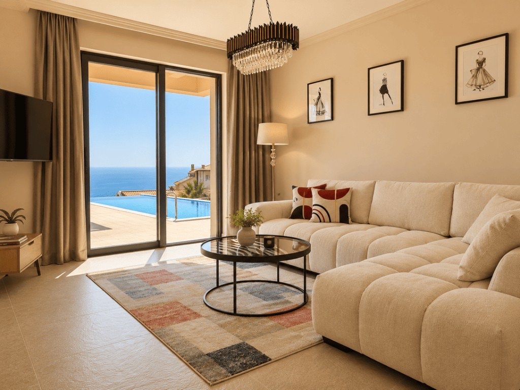 Townhouse A1 living room with sectional sofa and sea view