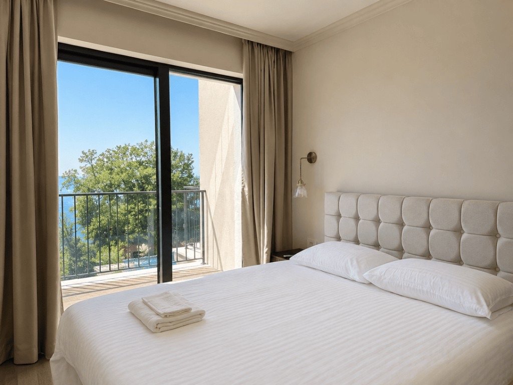 Townhouse A1 bedroom with floor-to-ceiling balcony doors